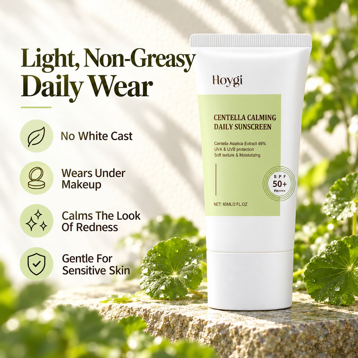 Light, non-greasy daily sunscreen – no white cast, wears under makeup, calms the look of redness, gentle for sensitive skin