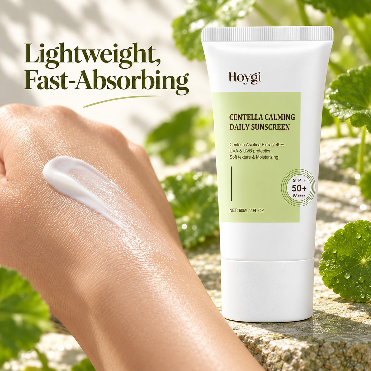 Lightweight, fast-absorbing centella sunscreen lotion swatched on the back of a hand
