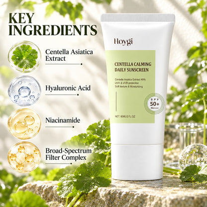 Key ingredients of the centella daily sunscreen: centella asiatica extract, hyaluronic acid, niacinamide, broad-spectrum filter complex