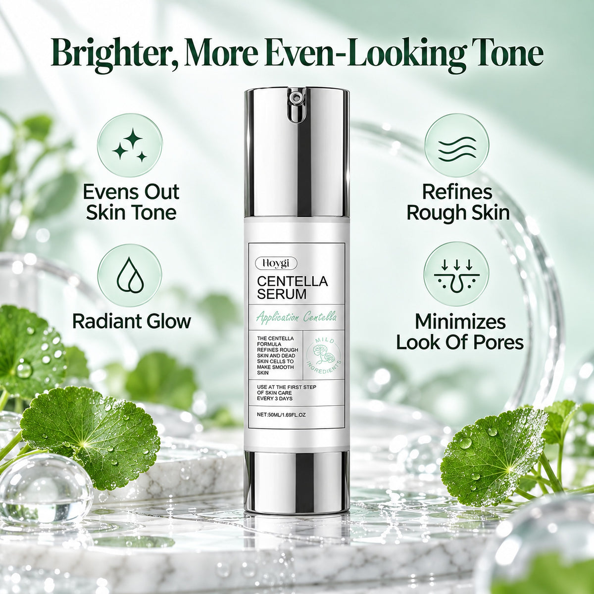 Centella serum for a brighter, more even-looking tone – evens skin tone, radiant glow, refines rough skin, minimizes the look of pores