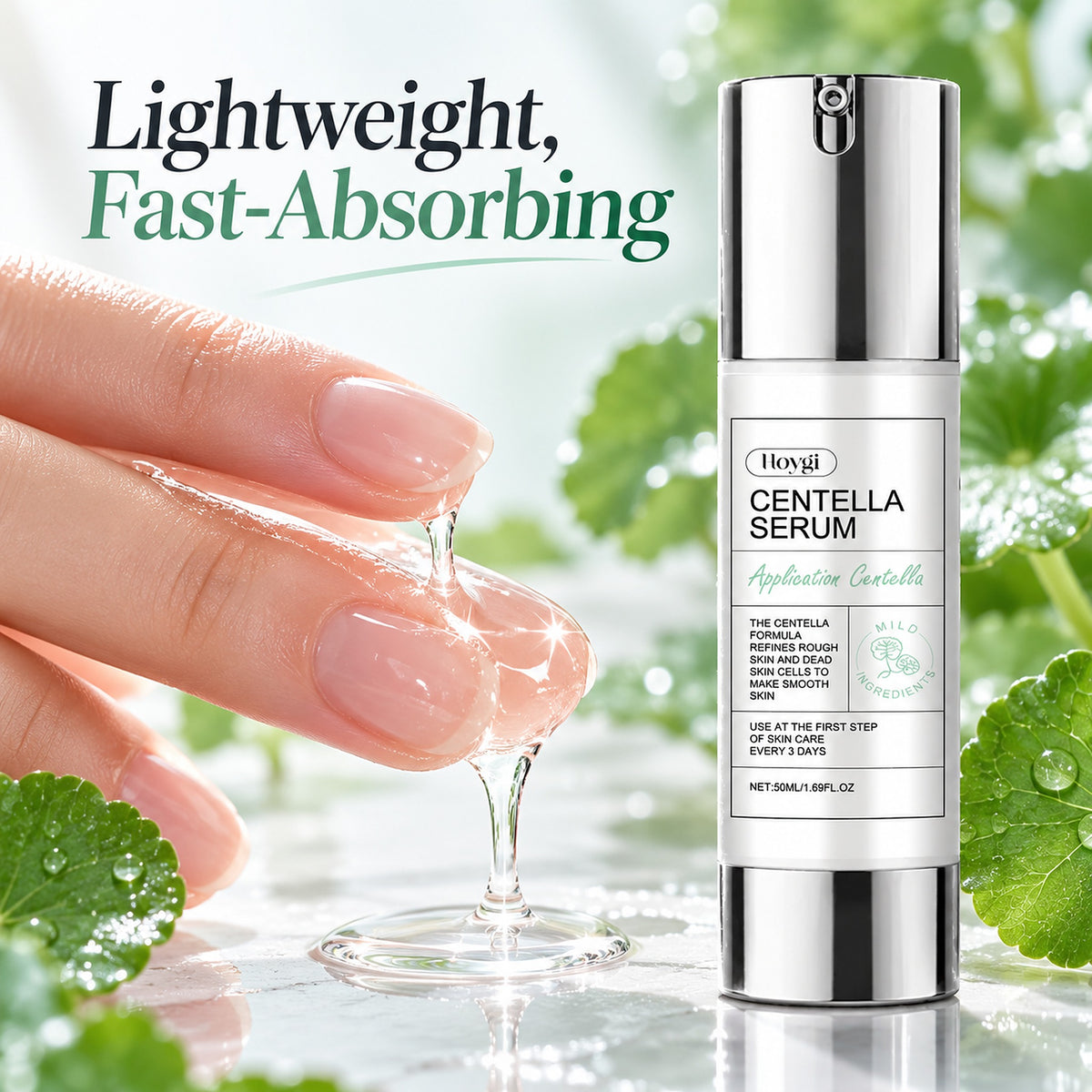 Lightweight, fast-absorbing clear centella serum on fingertips beside the Hoygi bottle