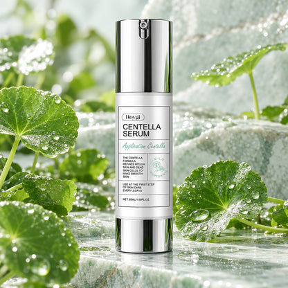 Hoygi Centella Serum 50ml airless bottle among fresh centella asiatica leaves on mint stone