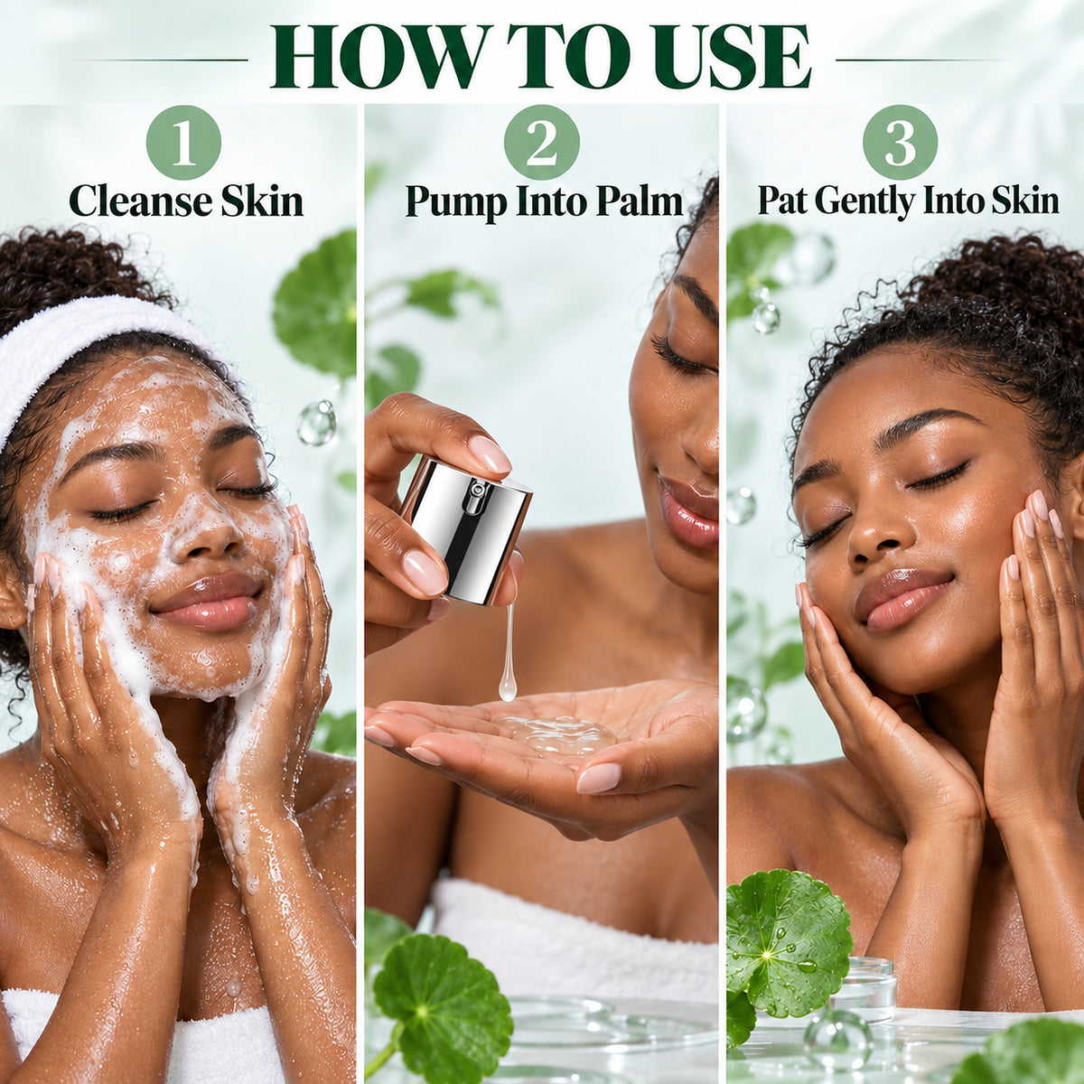 How to use the centella serum: cleanse skin, pump into palm, pat gently into skin