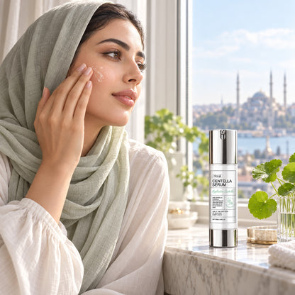 Woman pressing centella serum onto her cheek by a sunny window, Hoygi bottle on the sill