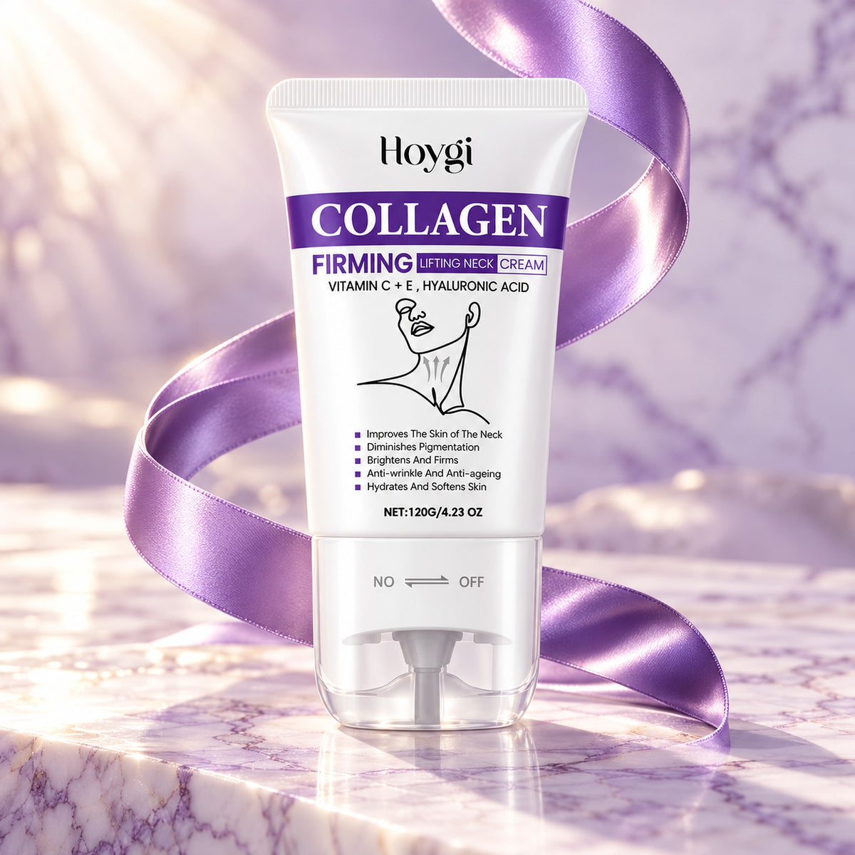 Hoygi Collagen Neck Cream tube on lilac marble with a rising violet silk ribbon
