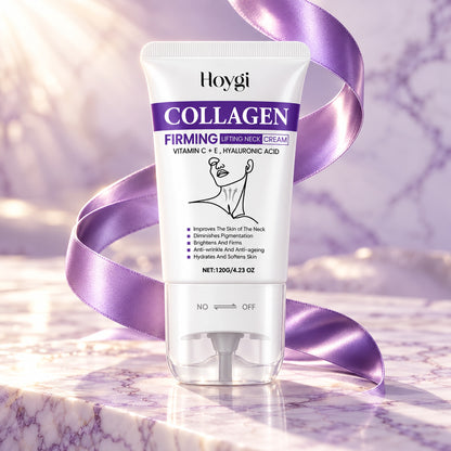 Hoygi Collagen Neck Cream tube on lilac marble with a rising violet silk ribbon