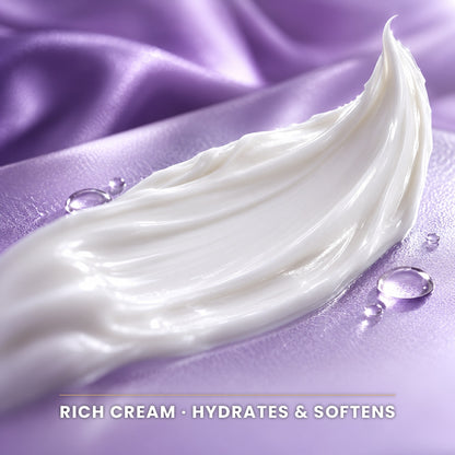 Rich white cream texture swept on violet silk - hydrates and softens