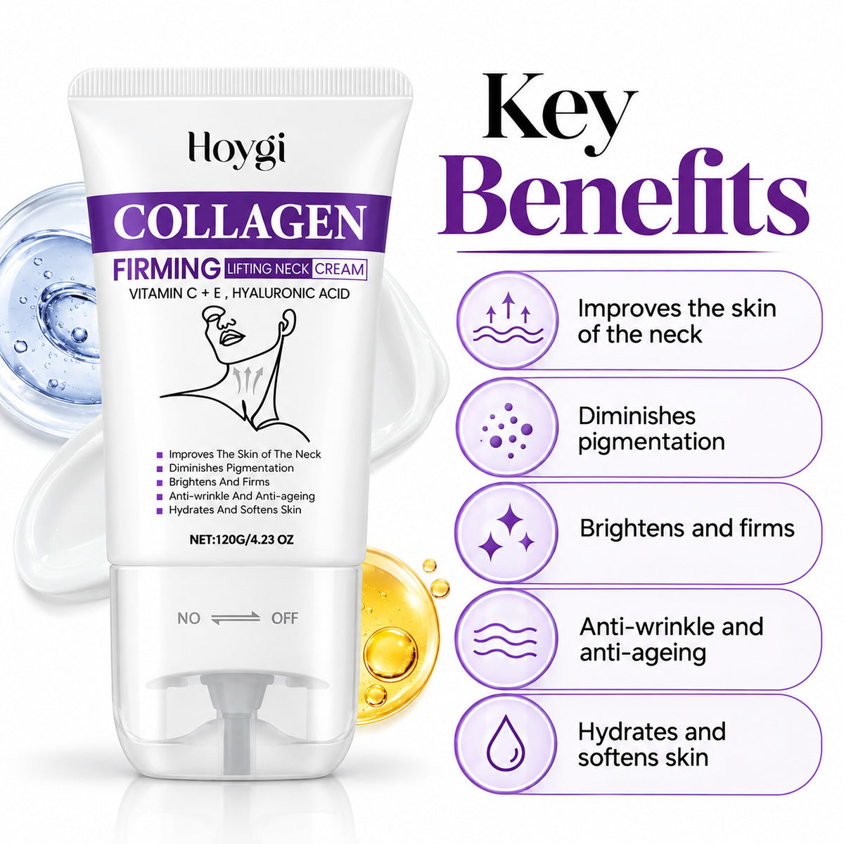 Key benefits: improves neck skin, diminishes pigmentation, brightens and firms, anti-wrinkle, hydrates