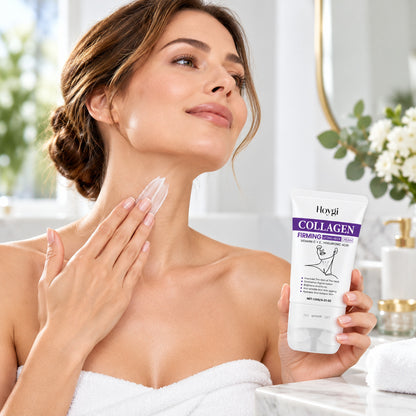 Woman applying the collagen neck cream to her neck