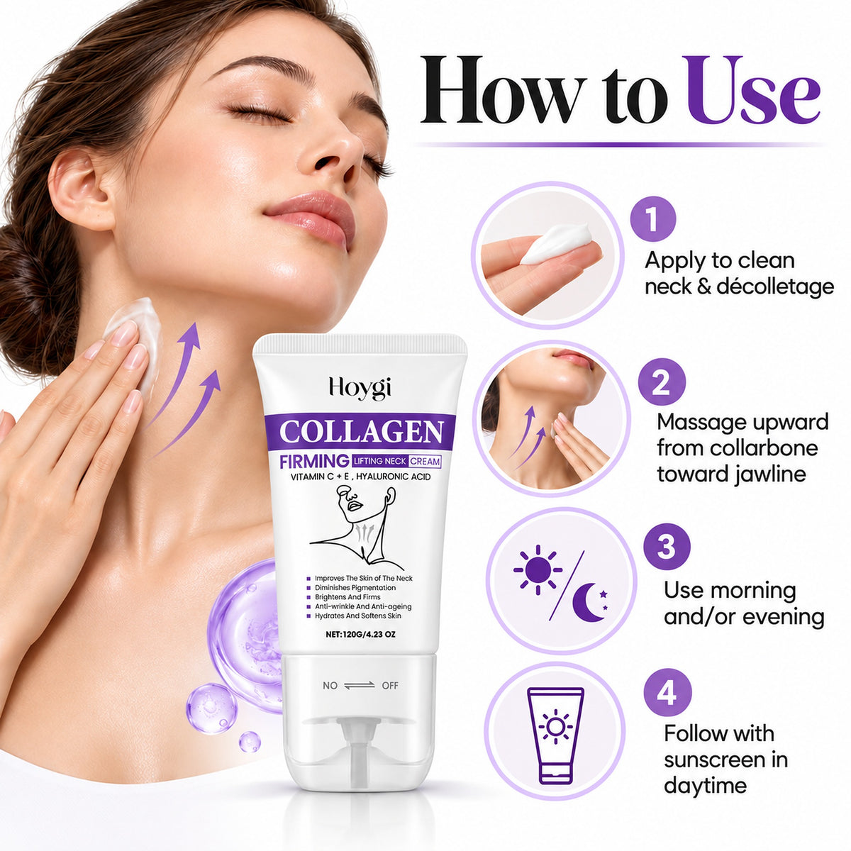 How to use: apply to clean neck, massage upward from collarbone to jawline, morning or evening, follow with sunscreen