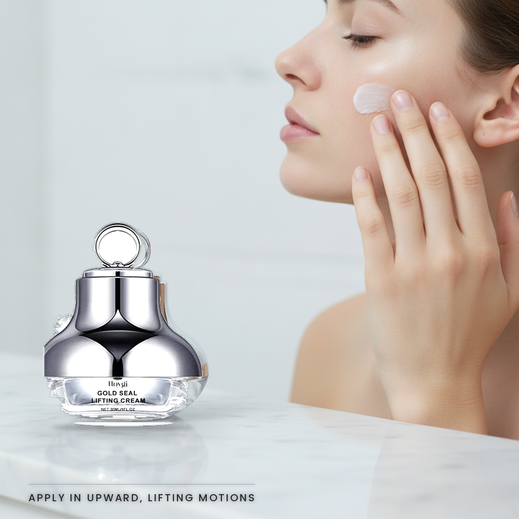 Hoygi Gold Seal Lifting Cream — pressing the cream upward along the cheekbone