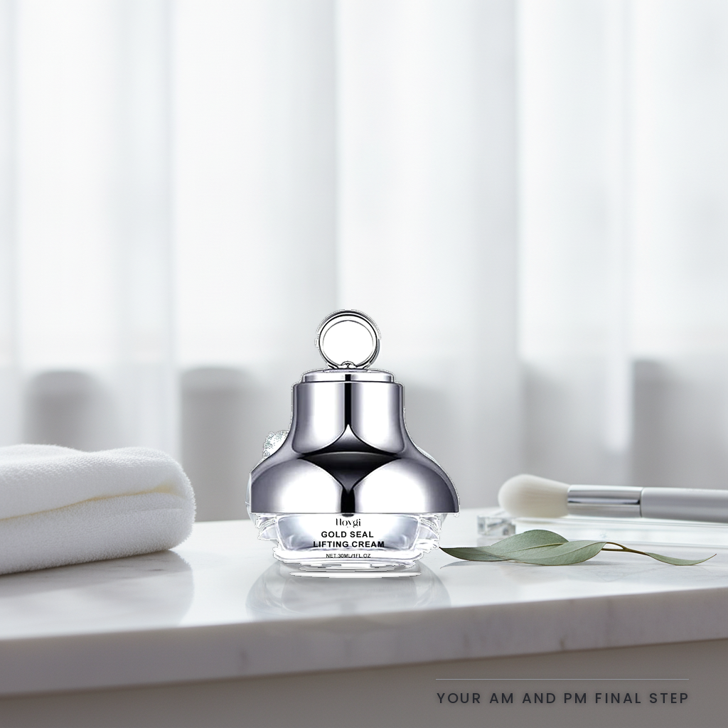 Hoygi Gold Seal Lifting Cream — on a bright marble vanity shelf in morning light