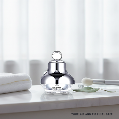 Hoygi Gold Seal Lifting Cream — on a bright marble vanity shelf in morning light