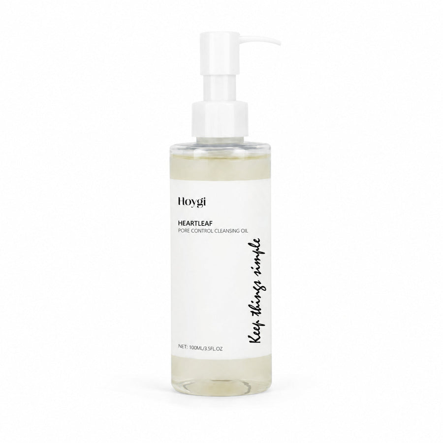 Hoygi Heartleaf Cleansing Oil bottle alone on white with a soft realistic shadow