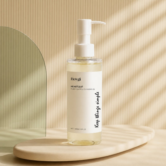 Hoygi Heartleaf Cleansing Oil in a warm cream three-quarter premium product shot