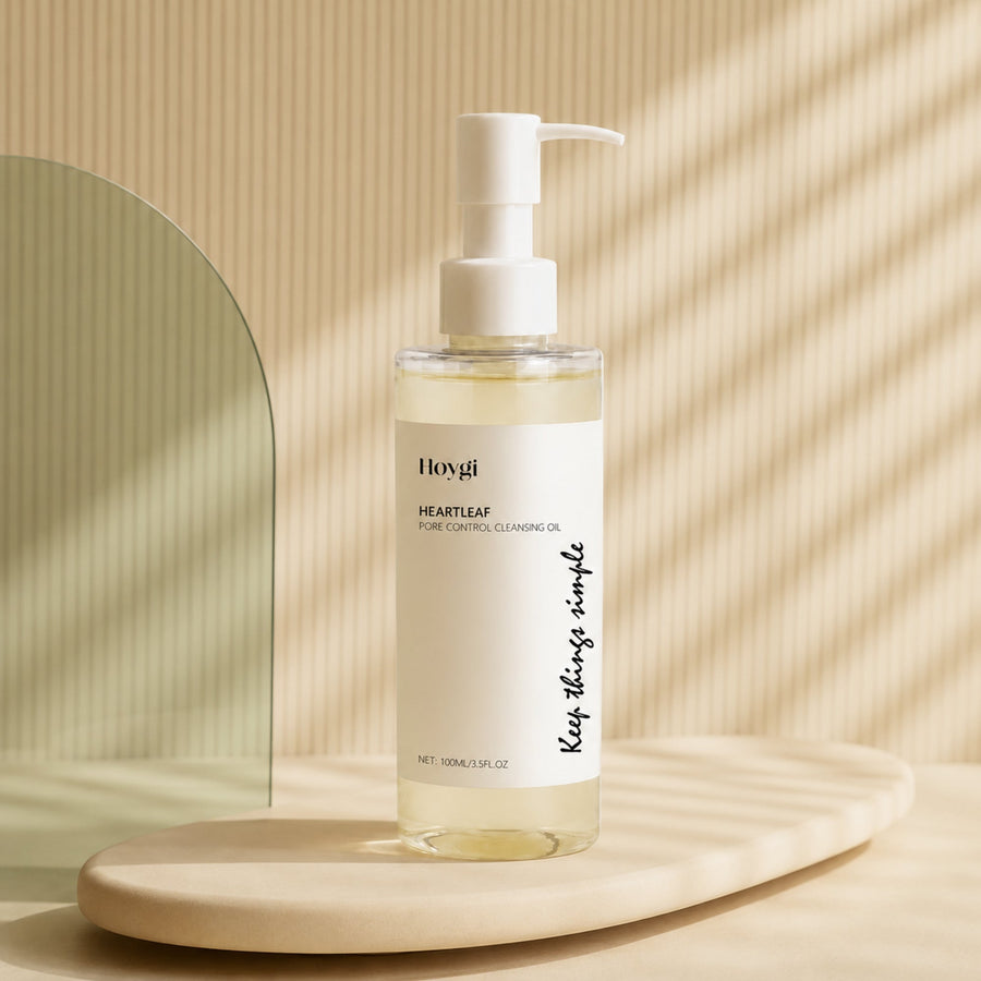 Hoygi Heartleaf Cleansing Oil in a warm cream three-quarter premium product shot