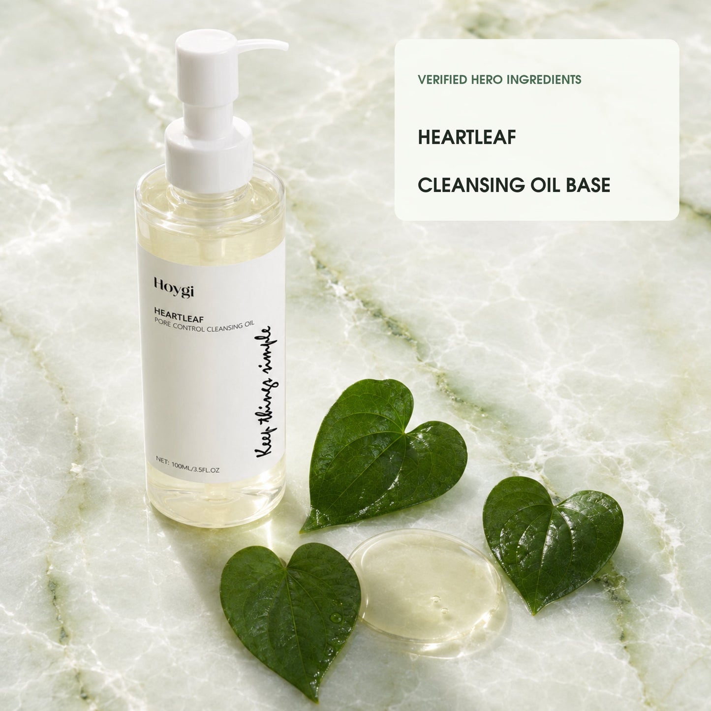 Hoygi cleansing oil with clearly named verified heartleaf and cleansing oil base