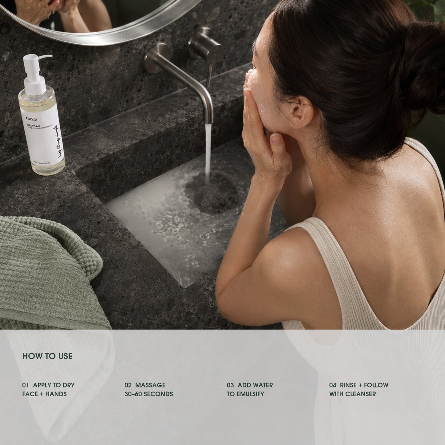 How to use Hoygi cleansing oil: apply dry, massage, emulsify with water and rinse
