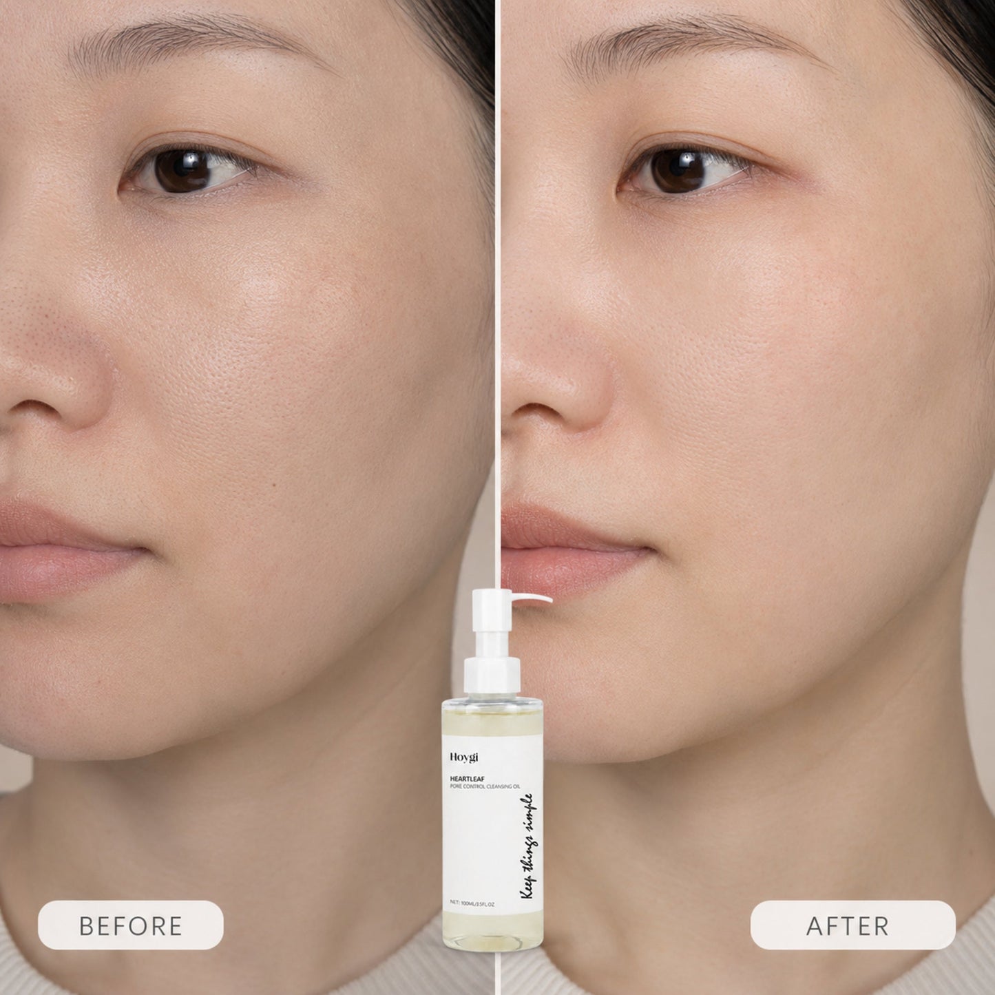 Hoygi cleansing oil conservative before-and-after with matched natural skin texture