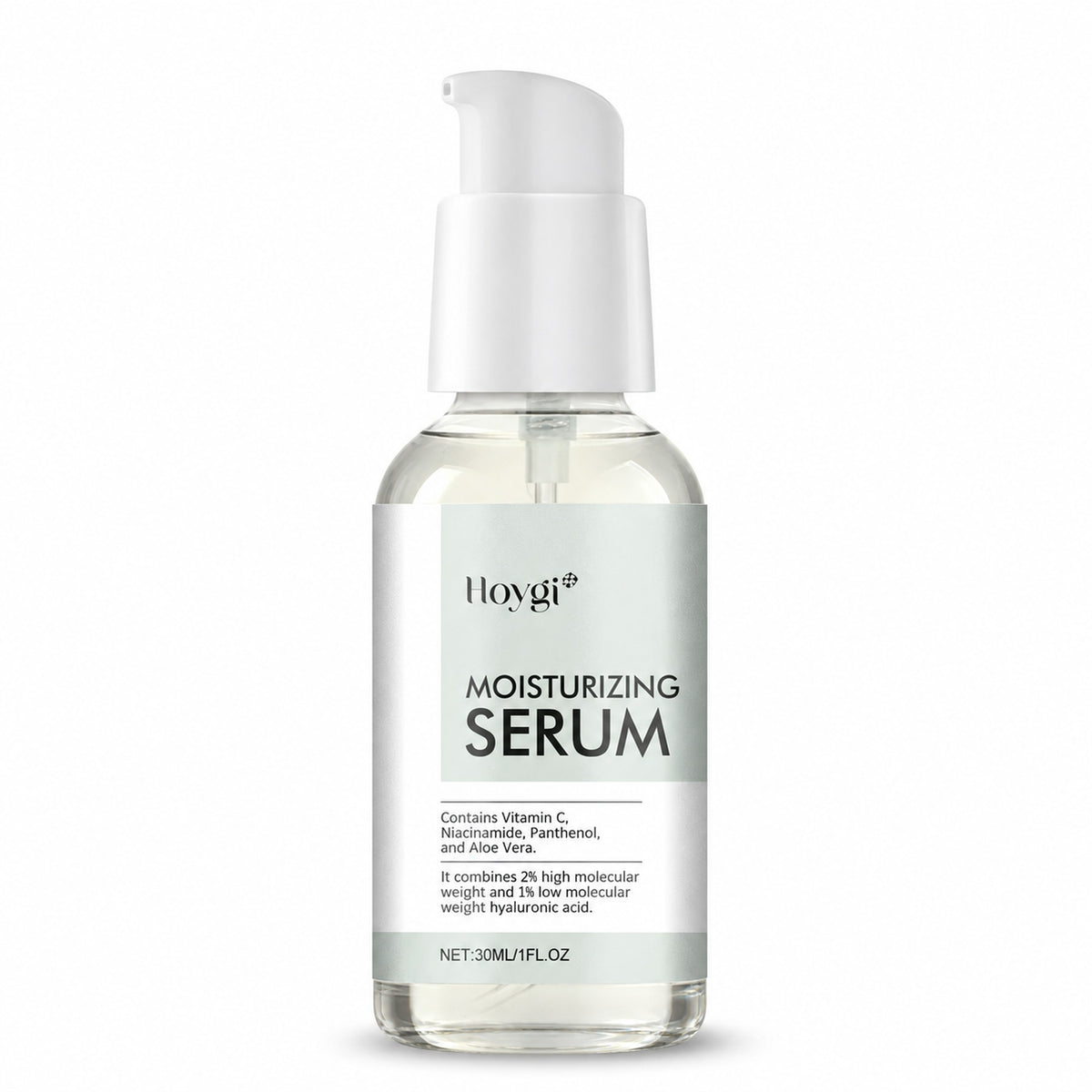 Hoygi Moisturizing Serum 30ml clear pump bottle with Vitamin C, Niacinamide, Panthenol and Aloe Vera on a pure white background