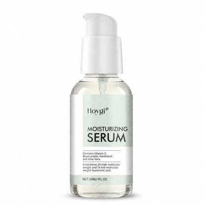 Hoygi Moisturizing Serum 30ml clear pump bottle with Vitamin C, Niacinamide, Panthenol and Aloe Vera on a pure white background