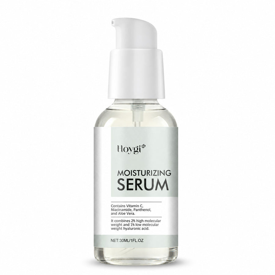 Hoygi Moisturizing Serum 30ml clear pump bottle with Vitamin C, Niacinamide, Panthenol and Aloe Vera on a pure white background