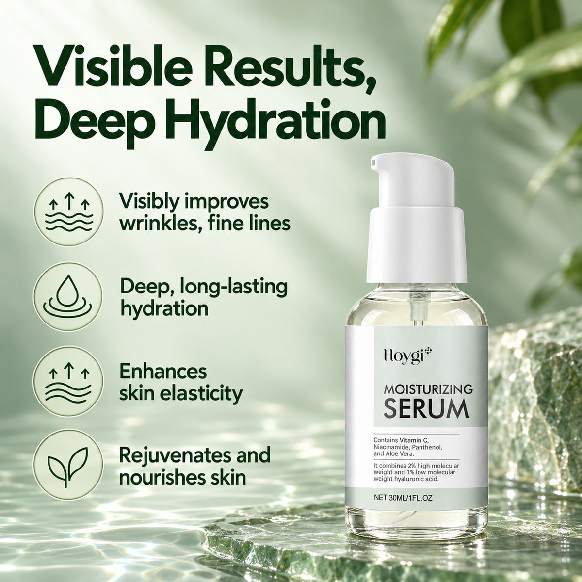 Hoygi serum benefits: visibly improves wrinkles and fine lines, deep long-lasting hydration, enhances skin elasticity, rejuvenates and nourishes skin
