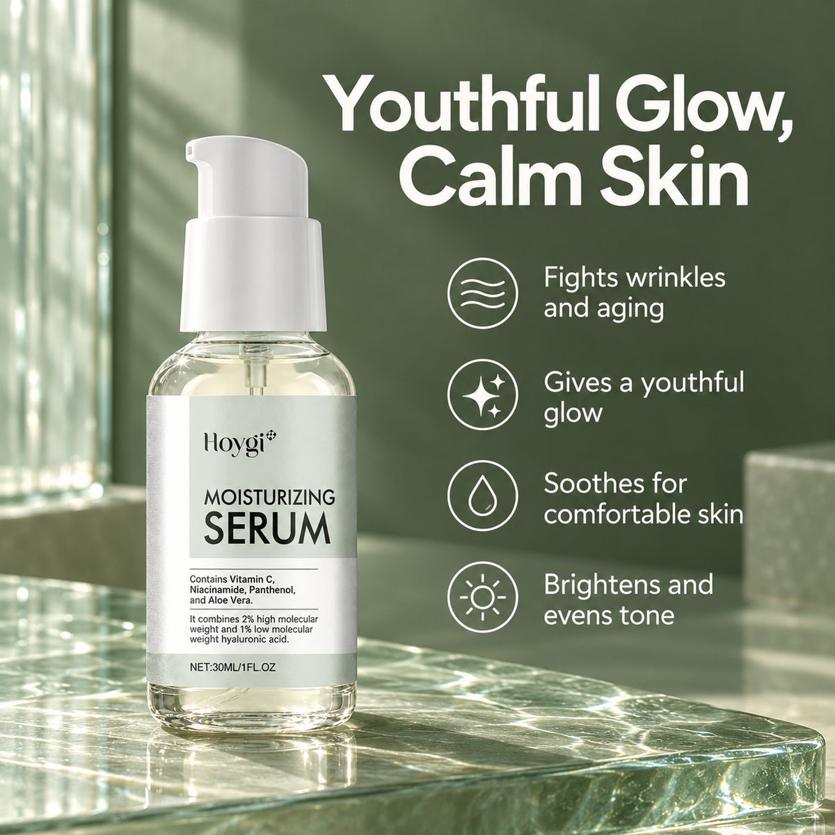 Youthful glow, calm skin: fights wrinkles and aging, gives a youthful glow, soothes for comfortable skin, brightens and evens tone