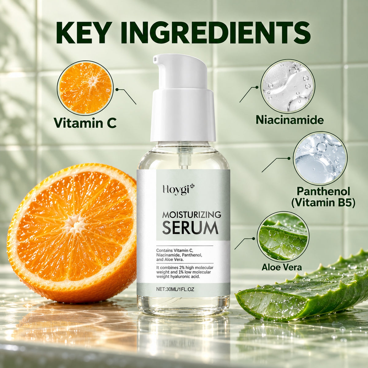 Key ingredients: Vitamin C, Niacinamide, Panthenol (Vitamin B5) and Aloe Vera, with an orange slice and aloe leaf