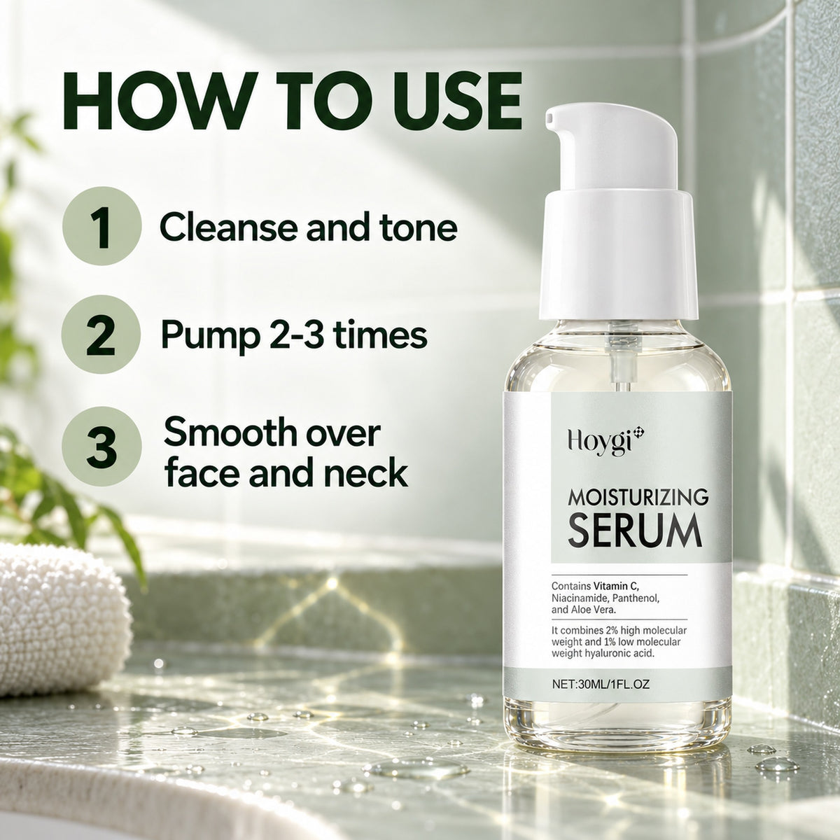 How to use Hoygi serum: cleanse and tone, pump 2-3 times, smooth over face and neck