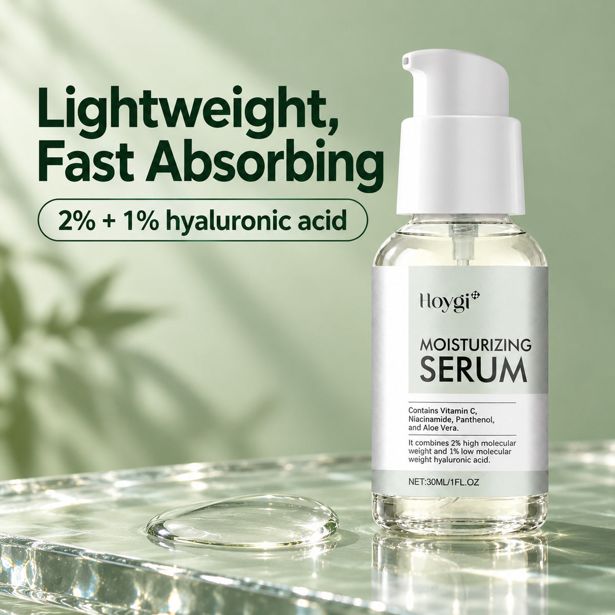 Lightweight, fast-absorbing clear serum drop on glass - 2% + 1% hyaluronic acid
