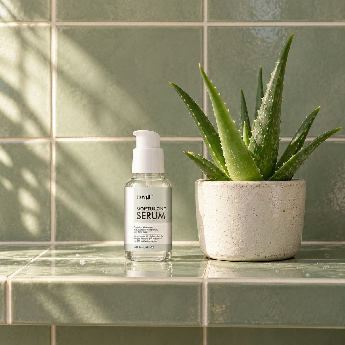 Hoygi Moisturizing Serum on a sage-green tiled bathroom shelf beside a potted aloe plant