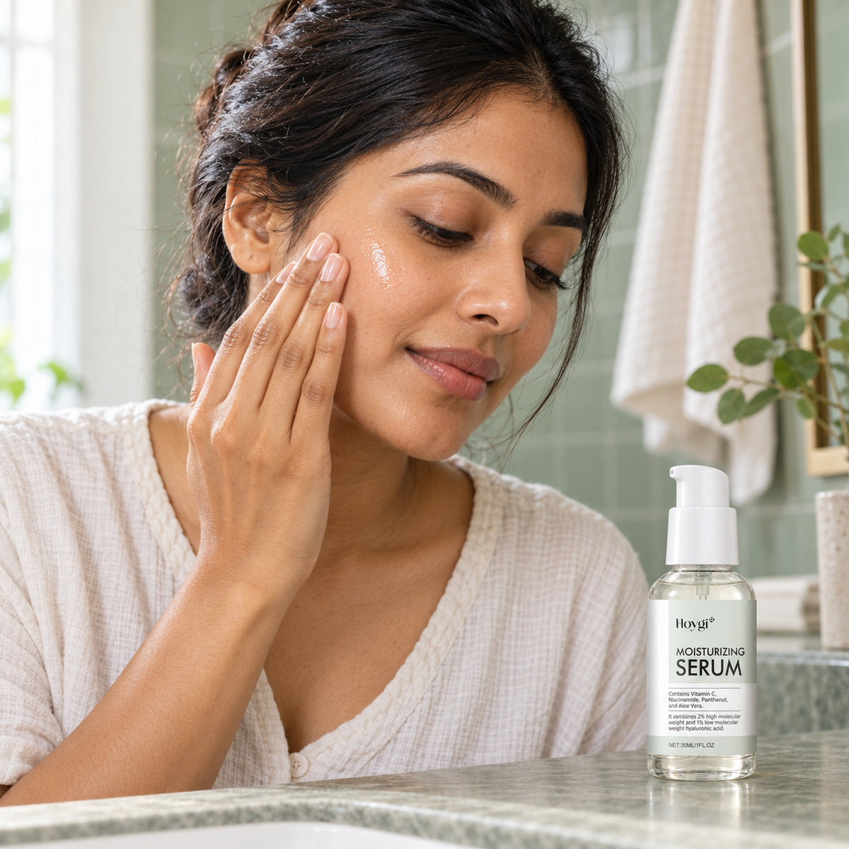 Woman smoothing hydrating serum onto her cheek in a bright bathroom, Hoygi bottle on the counter