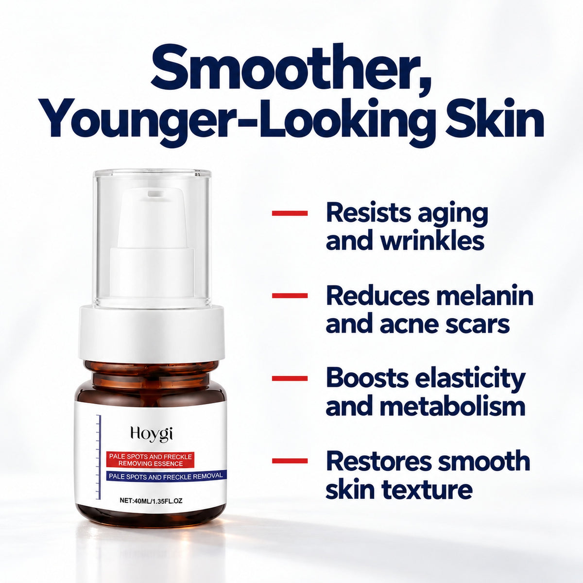 Smoother, younger-looking skin: resists aging and wrinkles, reduces melanin and acne scars, boosts elasticity and metabolism, restores smooth skin texture