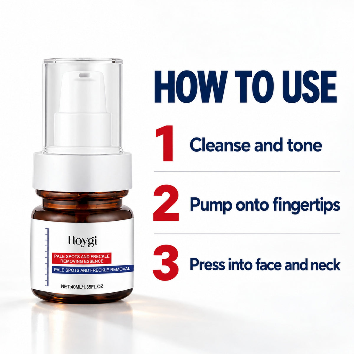 How to use the spot essence: cleanse and tone, pump onto fingertips, press into face and neck