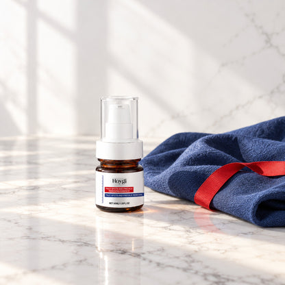 Hoygi amber essence bottle on white marble with a navy towel and red ribbon