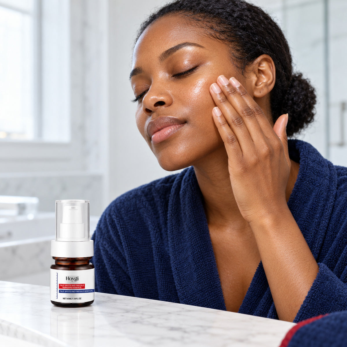 Woman pressing brightening essence into her cheekbone in a bright bathroom, Hoygi bottle on the counter