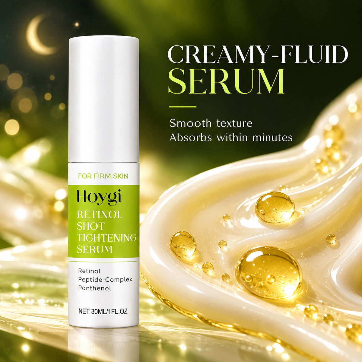Creamy-fluid retinol serum texture that absorbs within minutes