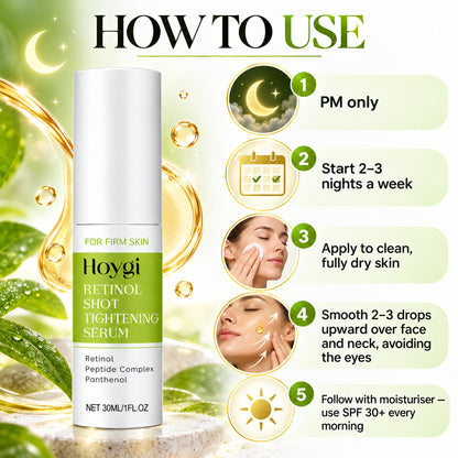 How to use the retinol serum: PM only, 2-3 nights a week, on dry skin, then moisturiser and SPF by day
