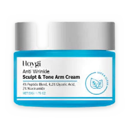 Hoygi Anti Wrinkle Sculpt and Tone Arm Cream 50g jar, centred on a pure white background