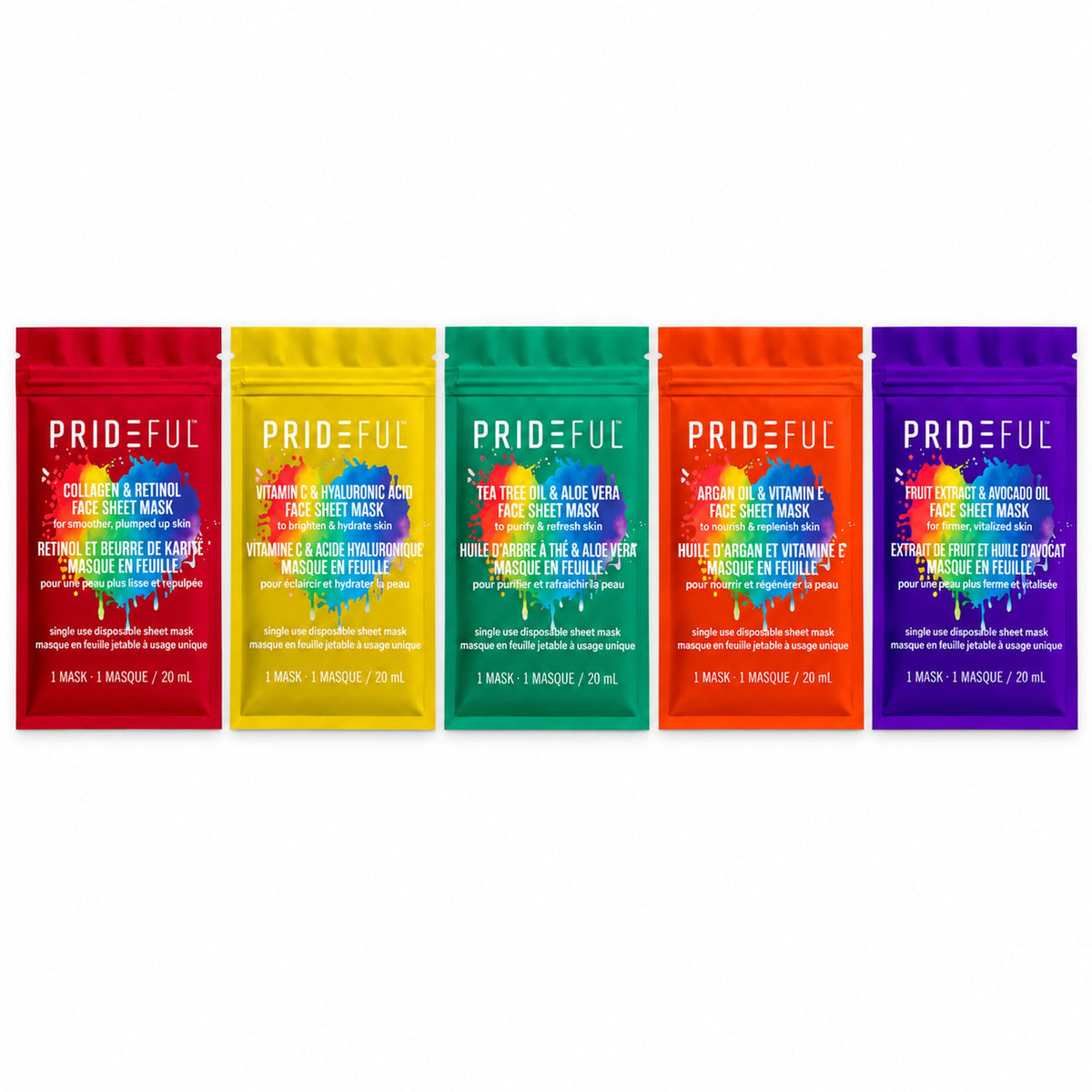 PRIDEFUL 5-piece face sheet mask set: five colour sachets on a white background