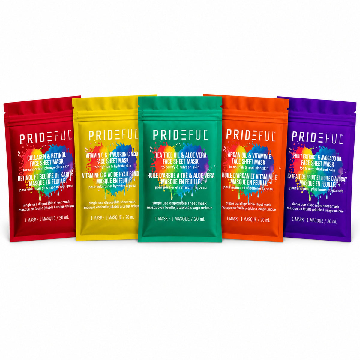 Five PRIDEFUL sheet mask sachets fanned out: collagen, vitamin C, tea tree, argan, avocado
