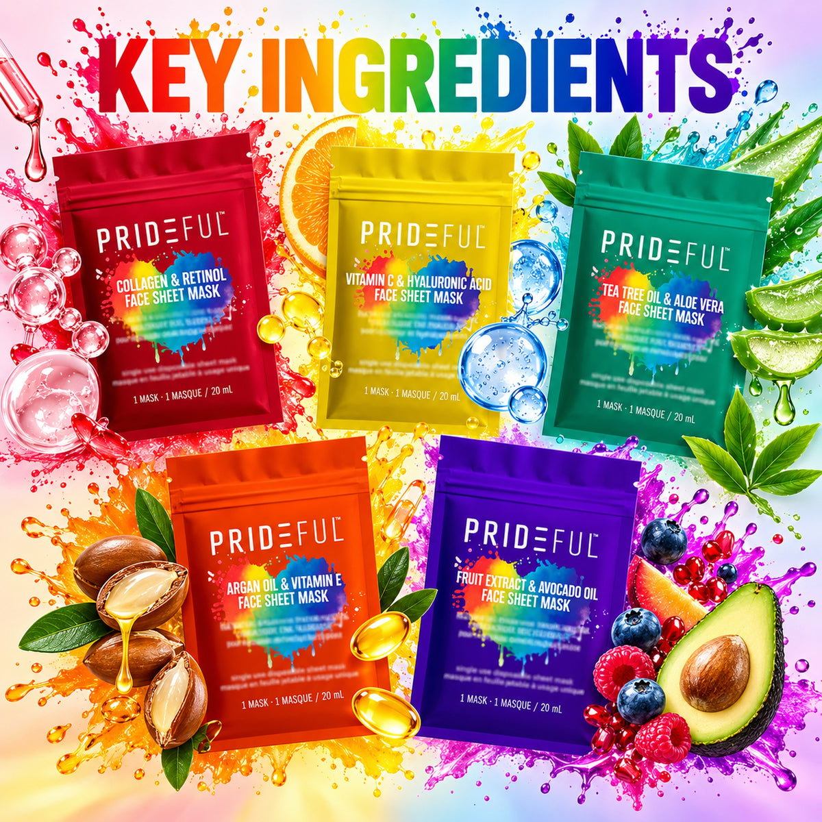 Key ingredients: collagen and retinol, vitamin C and hyaluronic acid, tea tree and aloe, argan and vitamin E, fruit extract and avocado oil
