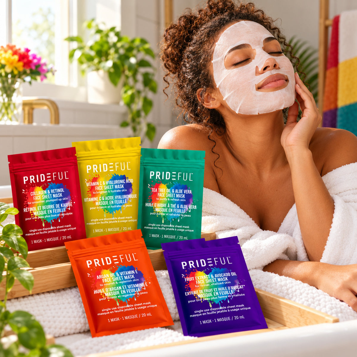 Woman relaxing in a bathrobe wearing a sheet mask with the five sachets nearby