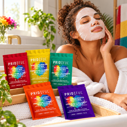 Woman relaxing in a bathrobe wearing a sheet mask with the five sachets nearby