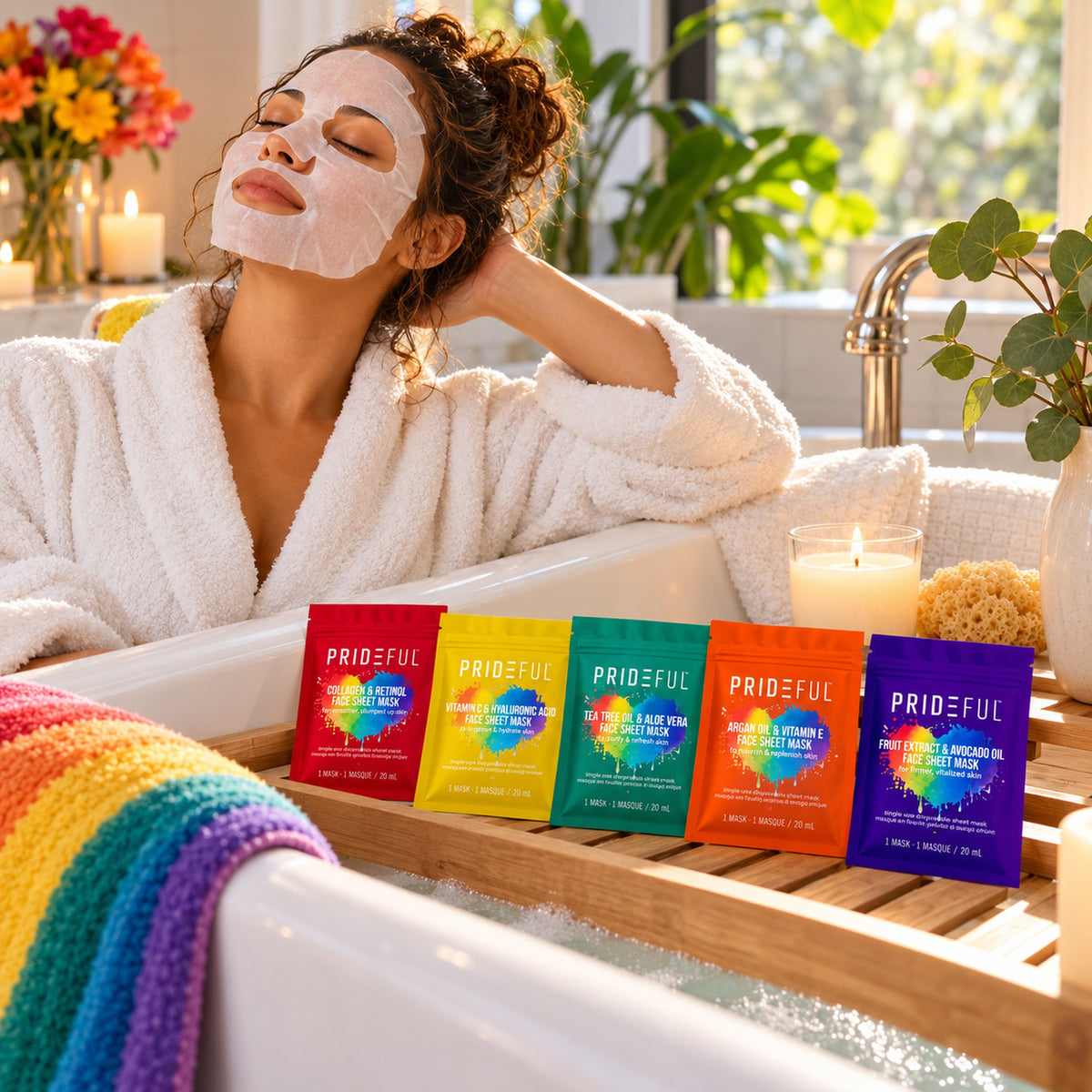 Self-care bath moment with sheet mask and the five sachets on a bath tray