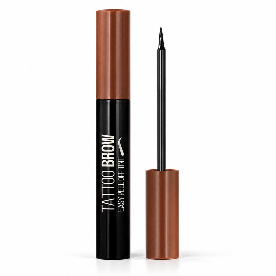 Tattoo Brow Easy Peel Off Tint dark brown tube with brush applicator on white