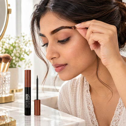 Woman peeling the dried Tattoo Brow tint film from her brow at a vanity