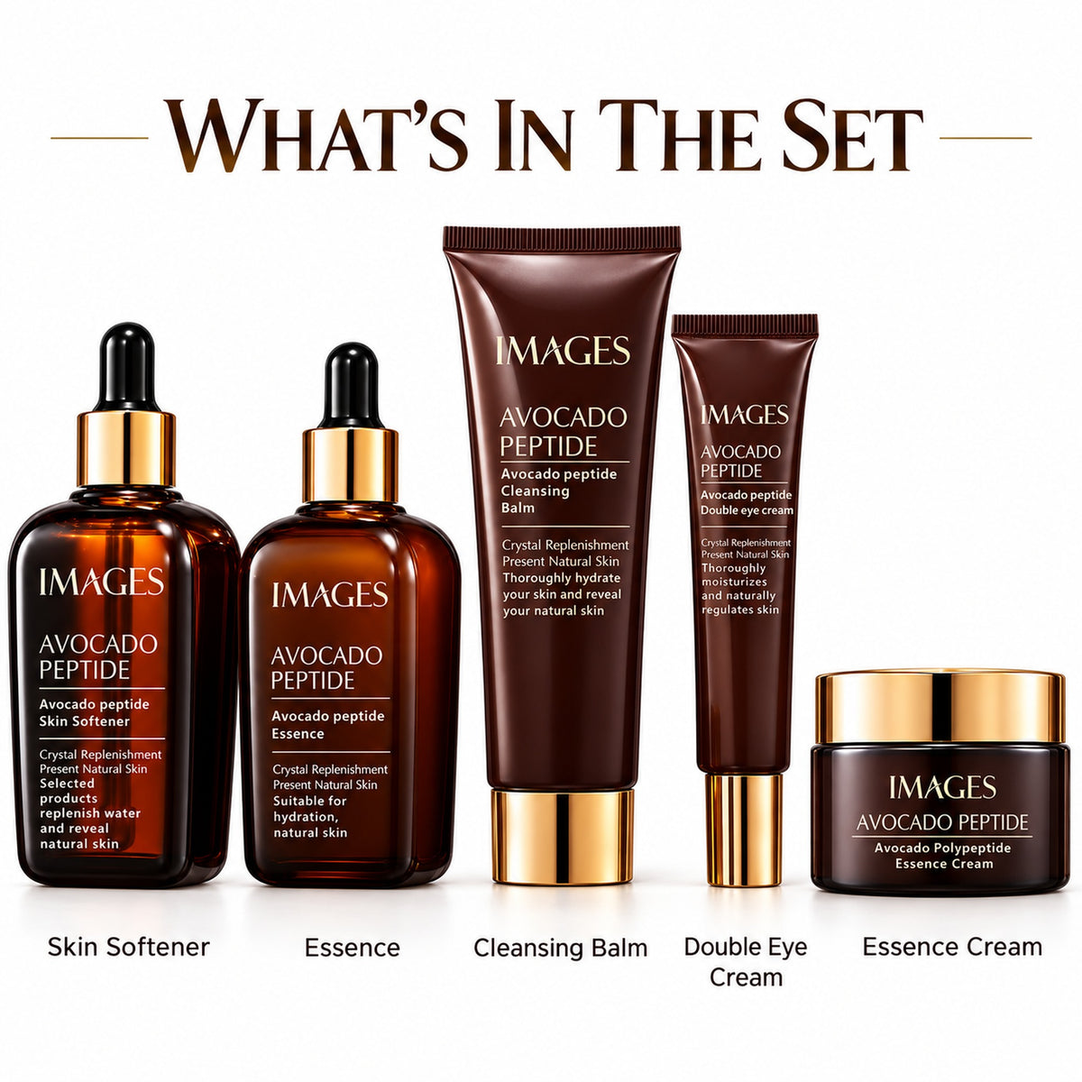 What's in the Avocado Peptide set: Skin Softener, Essence, Cleansing Balm, Double Eye Cream, Essence Cream