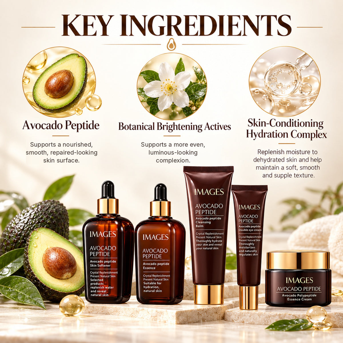 Key ingredients: avocado peptide, botanical brightening actives and skin-conditioning hydration complex